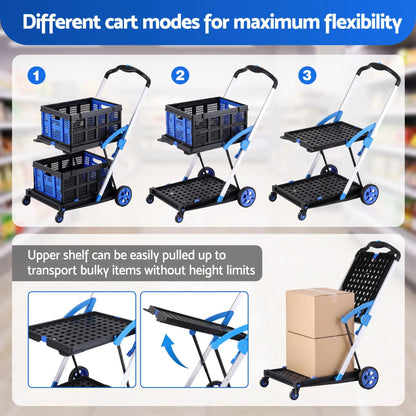 Artiss Shopping Trolley with Wheels 2 Layer w/2 Crates Foldable Trolley Blue - Image 7
