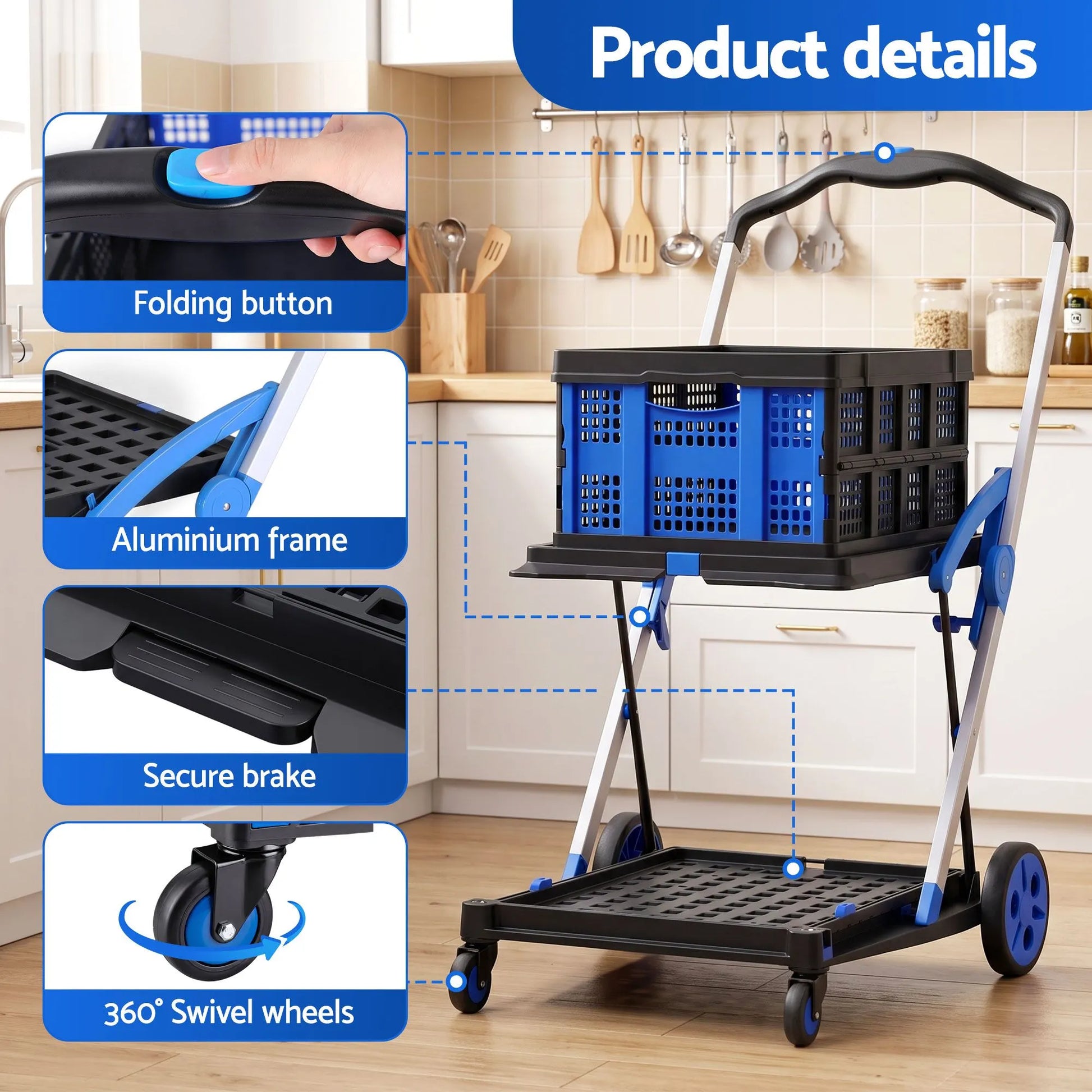 Artiss Shopping Trolley with Wheels 2 Layer w/2 Crates Foldable Trolley Blue - Image 8