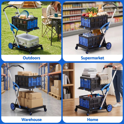Artiss Shopping Trolley with Wheels 2 Layer w/2 Crates Foldable Trolley Blue - Image 9