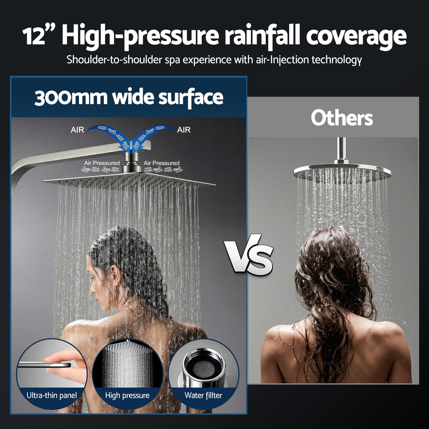 12" Rain Shower Head Set with 3-Mode Handheld Brass High Pressure WELS Chrome - Image 6