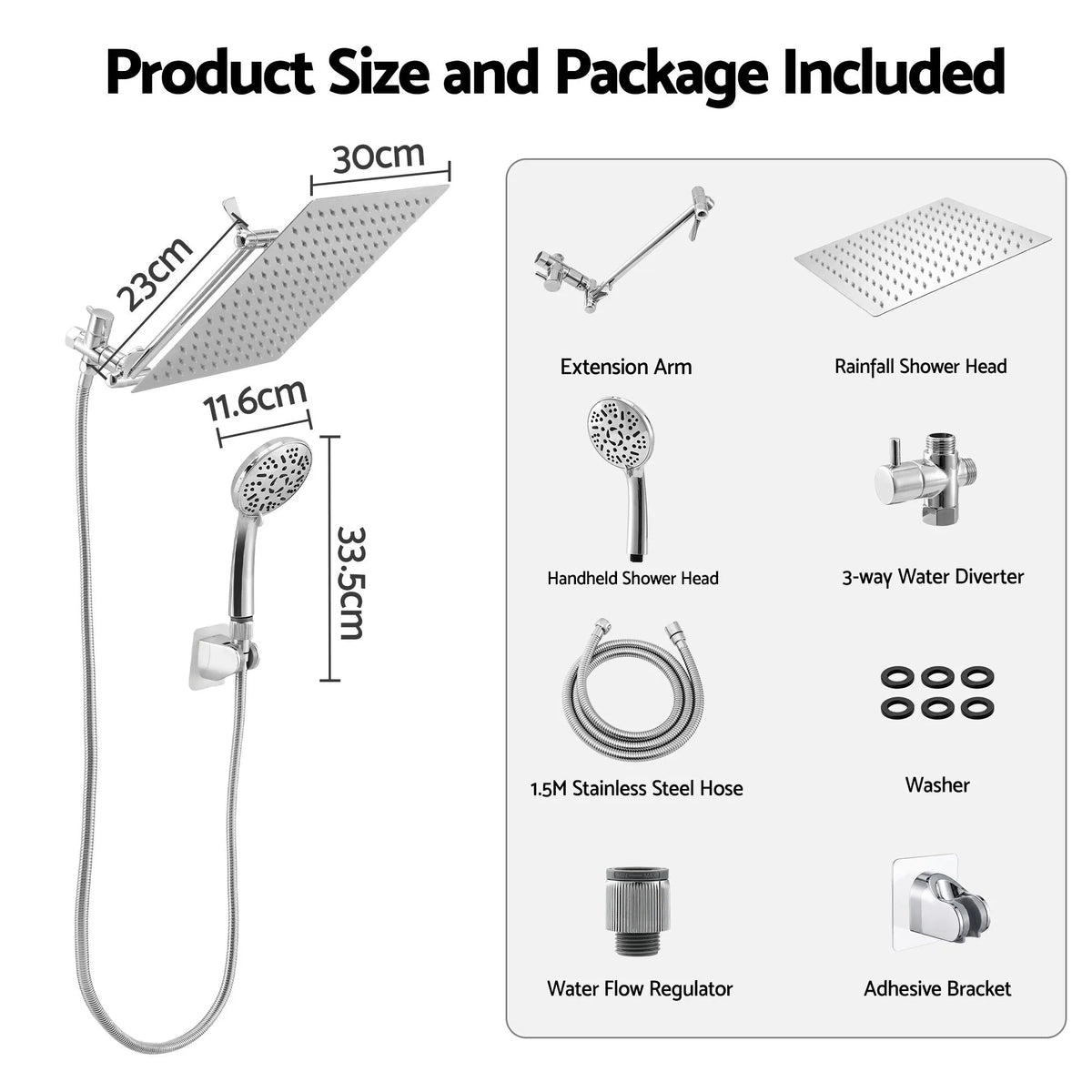 Cefito High-Pressure Rain Shower Head with Handheld, Gear-Lock Anti-Sag Arm for Family Spa, 12" Stainless Steel Rainfall & 9-Setting Wand Combo, 3-Way Diverter, Drill-Free Adhesive Bracket - Image 2
