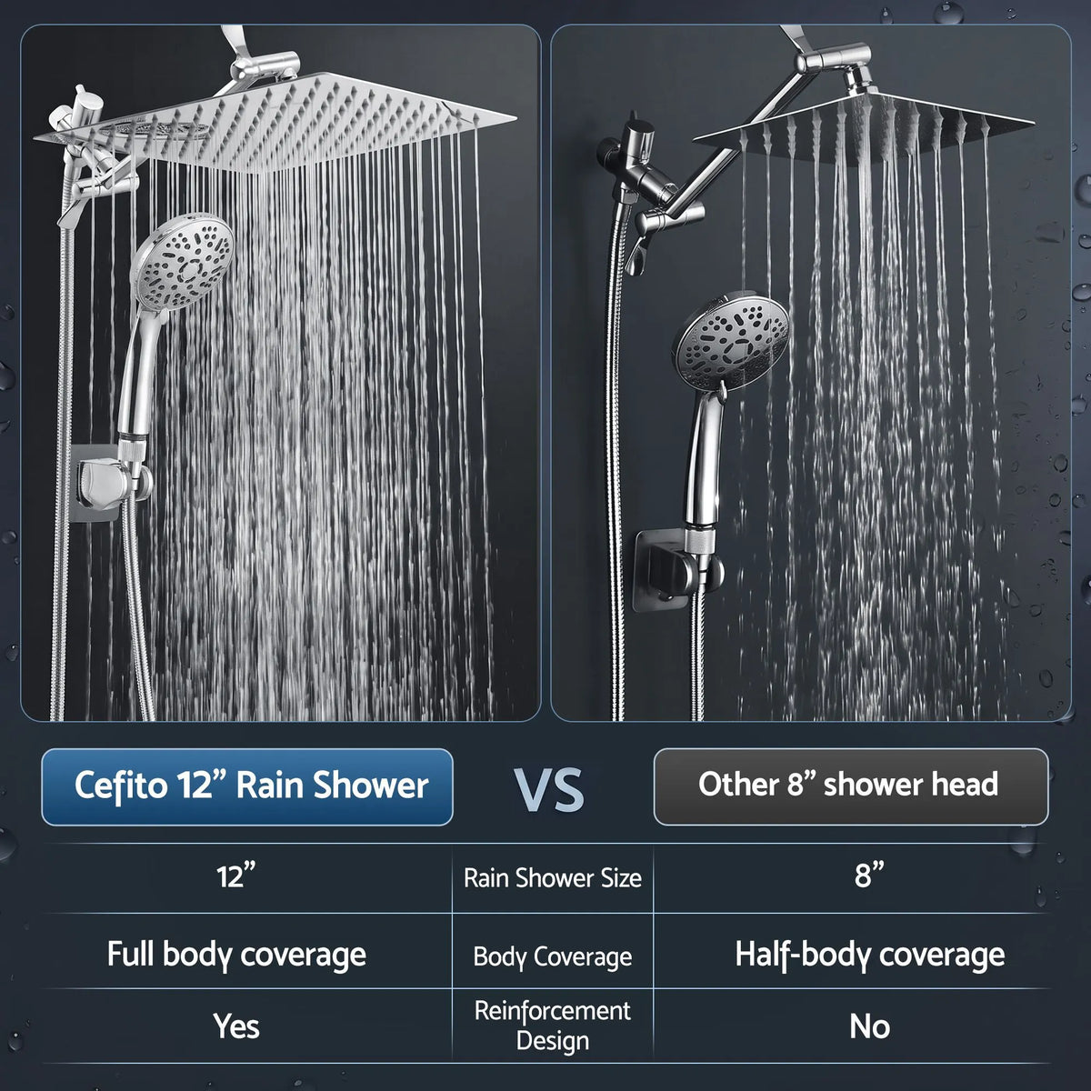 Cefito High-Pressure Rain Shower Head with Handheld, Gear-Lock Anti-Sag Arm for Family Spa, 12" Stainless Steel Rainfall & 9-Setting Wand Combo, 3-Way Diverter, Drill-Free Adhesive Bracket - Image 3