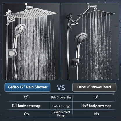 Cefito High-Pressure Rain Shower Head with Handheld, Gear-Lock Anti-Sag Arm for Family Spa, 12" Stainless Steel Rainfall & 9-Setting Wand Combo, 3-Way Diverter, Drill-Free Adhesive Bracket - Image 3