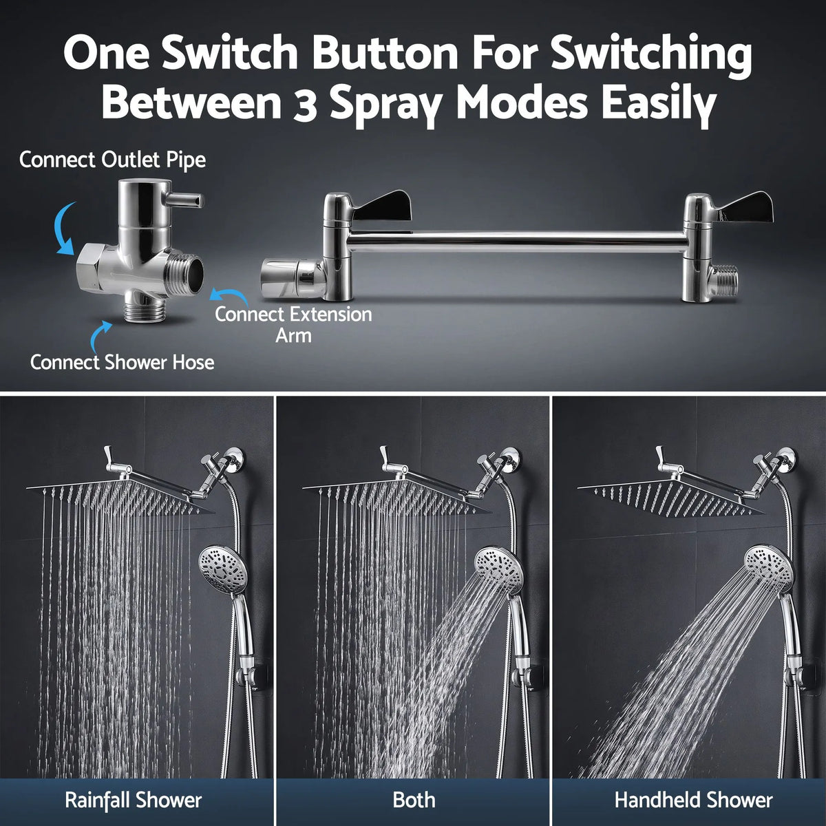 Cefito High-Pressure Rain Shower Head with Handheld, Gear-Lock Anti-Sag Arm for Family Spa, 12" Stainless Steel Rainfall & 9-Setting Wand Combo, 3-Way Diverter, Drill-Free Adhesive Bracket - Image 4