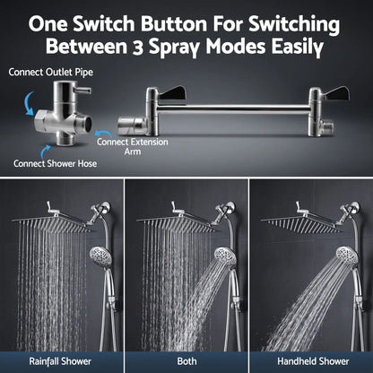 Cefito High-Pressure Rain Shower Head with Handheld, Gear-Lock Anti-Sag Arm for Family Spa, 12" Stainless Steel Rainfall & 9-Setting Wand Combo, 3-Way Diverter, Drill-Free Adhesive Bracket - Image 4