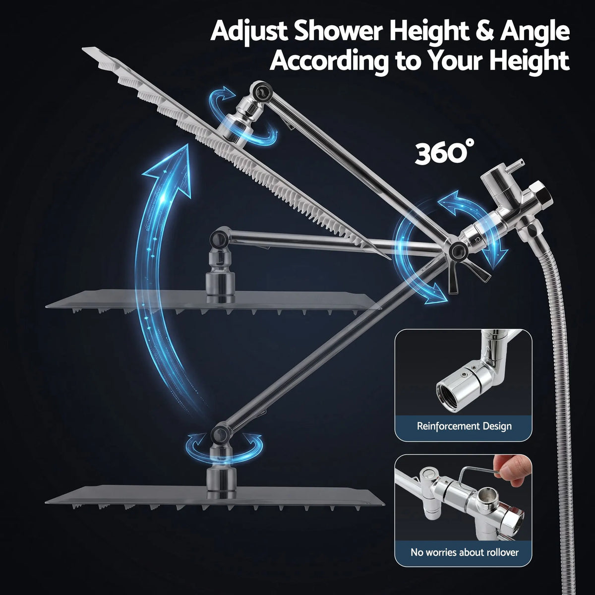 Cefito High-Pressure Rain Shower Head with Handheld, Gear-Lock Anti-Sag Arm for Family Spa, 12" Stainless Steel Rainfall & 9-Setting Wand Combo, 3-Way Diverter, Drill-Free Adhesive Bracket - Image 6