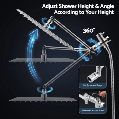 Cefito High-Pressure Rain Shower Head with Handheld, Gear-Lock Anti-Sag Arm for Family Spa, 12" Stainless Steel Rainfall & 9-Setting Wand Combo, 3-Way Diverter, Drill-Free Adhesive Bracket - Image 6