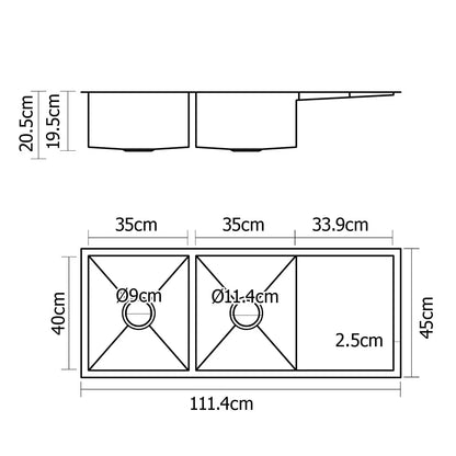 Cefito Kitchen Sink 111X45CM Stainless Steel Basin Double Bowl Silver - Image 2