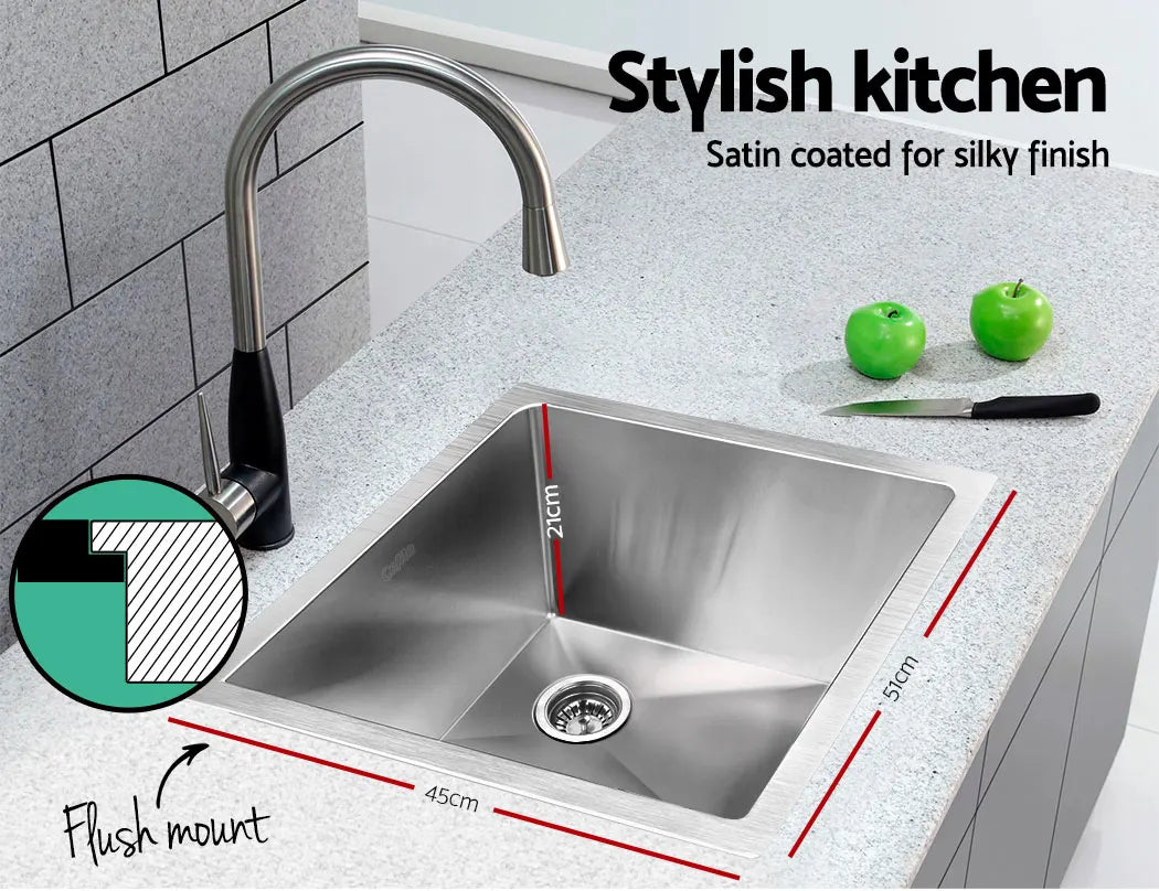 Cefito Kitchen Sink 51X45CM Stainless Steel Basin Single Bowl Silver - Image 4