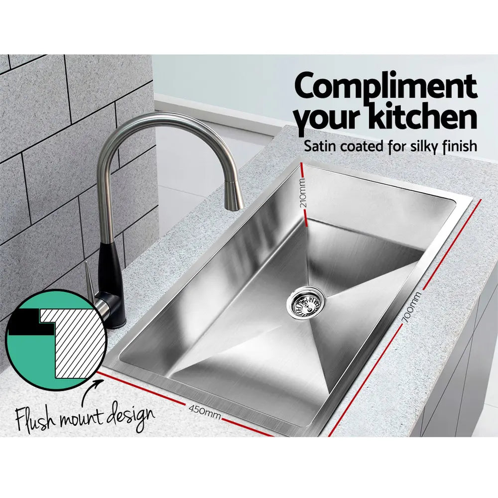 Cefito Kitchen Sink 70X45CM Stainless Steel Basin Single Bowl Silver - Image 2
