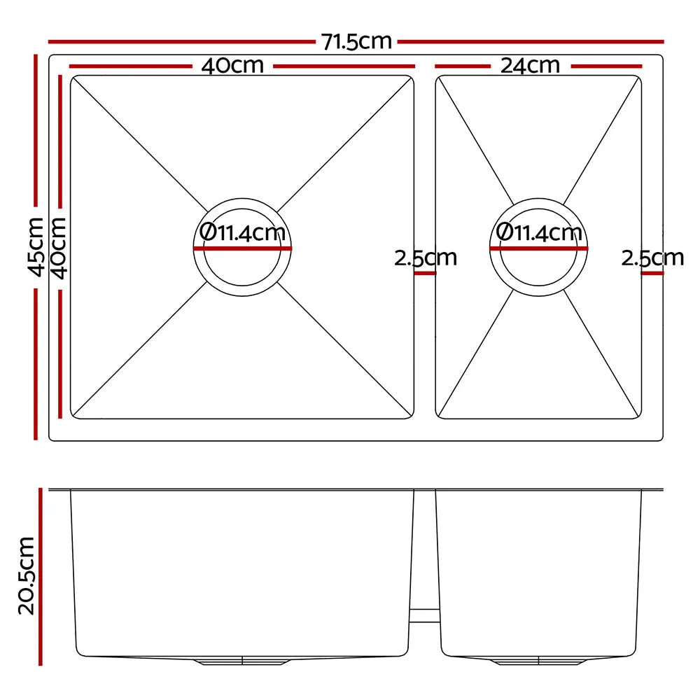 Cefito Kitchen Sink 71X45CM Stainless Steel Basin Double Bowl Silver - Image 2