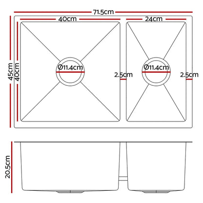 Cefito Kitchen Sink 71X45CM Stainless Steel Basin Double Bowl Silver - Image 2