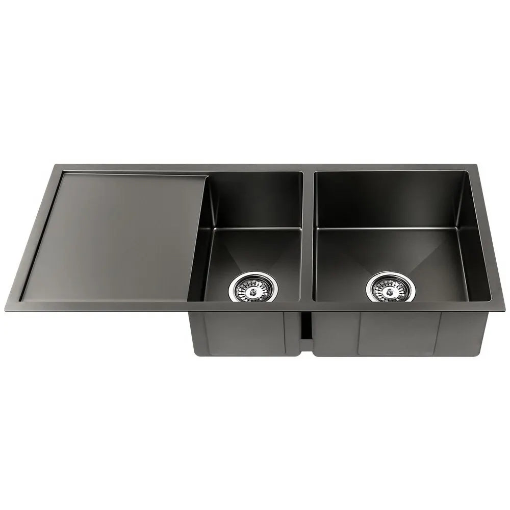Cefito Kitchen Sink 100X45CM Stainless Steel Basin Double Bowl Nano Black - Image 2