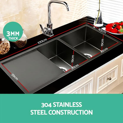 Cefito Kitchen Sink 100X45CM Stainless Steel Basin Double Bowl Nano Black - Image 3