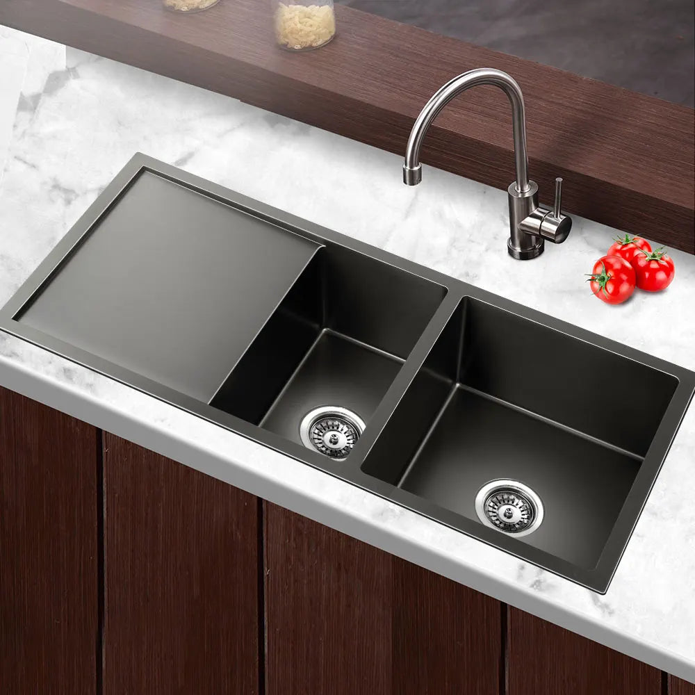 Cefito Kitchen Sink 100X45CM Stainless Steel Basin Double Bowl Nano Black - Image 7