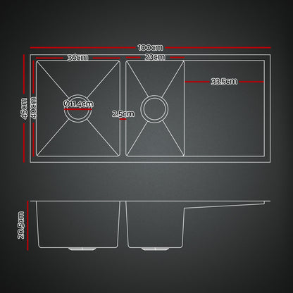 Cefito Stainless Steel Sink 100x45CM With Pull Out Mixer Tap Kitchen Basin Double Bowl Black - Image 2