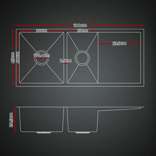 Cefito Stainless Steel Sink 100x45CM With Pull Out Mixer Tap Kitchen Basin Double Bowl Black - Image 2