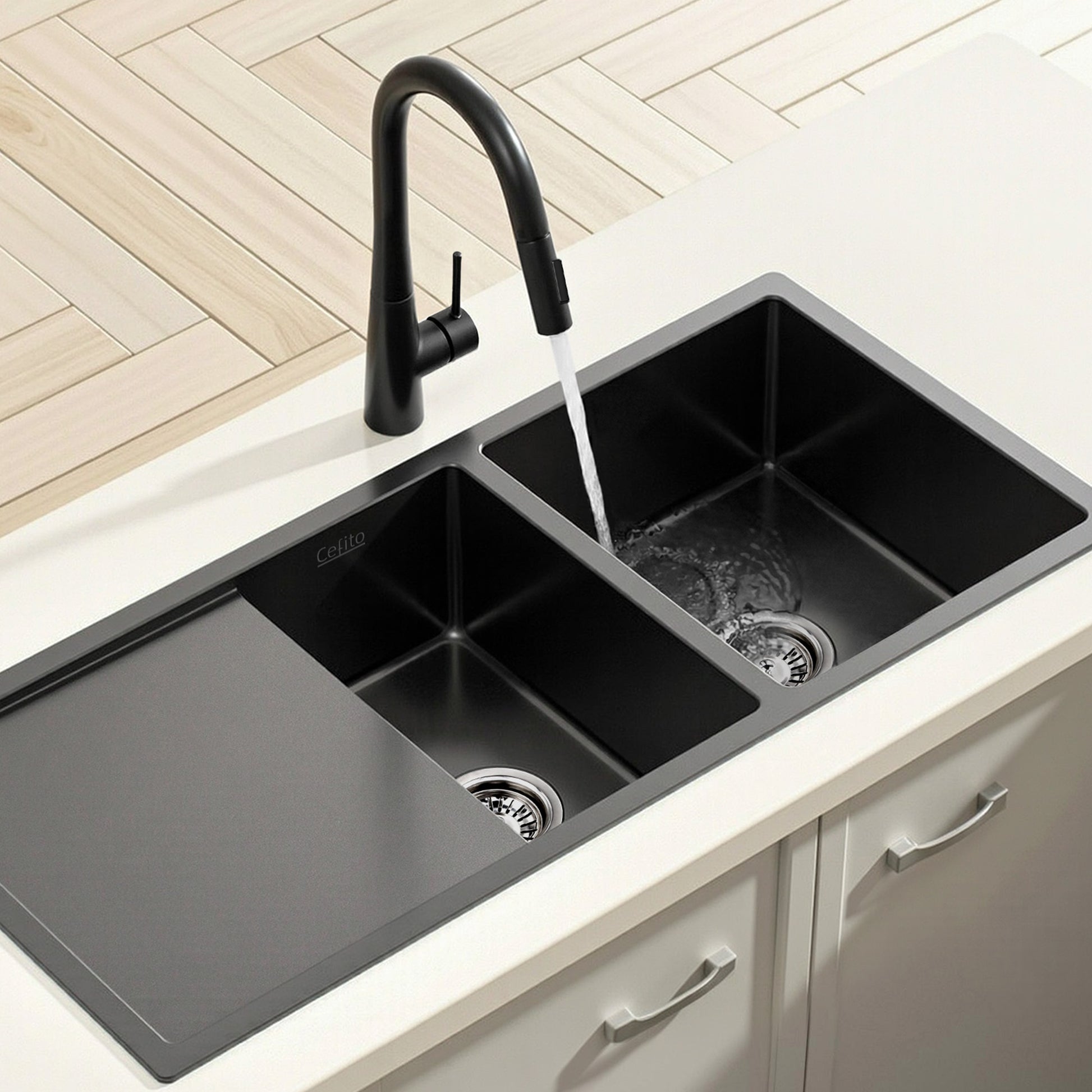 Cefito Stainless Steel Sink 100x45CM With Pull Out Mixer Tap Kitchen Basin Double Bowl Black - Image 7