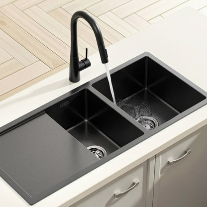 Cefito Stainless Steel Sink 100x45CM With Pull Out Mixer Tap Kitchen Basin Double Bowl Black - Image 7