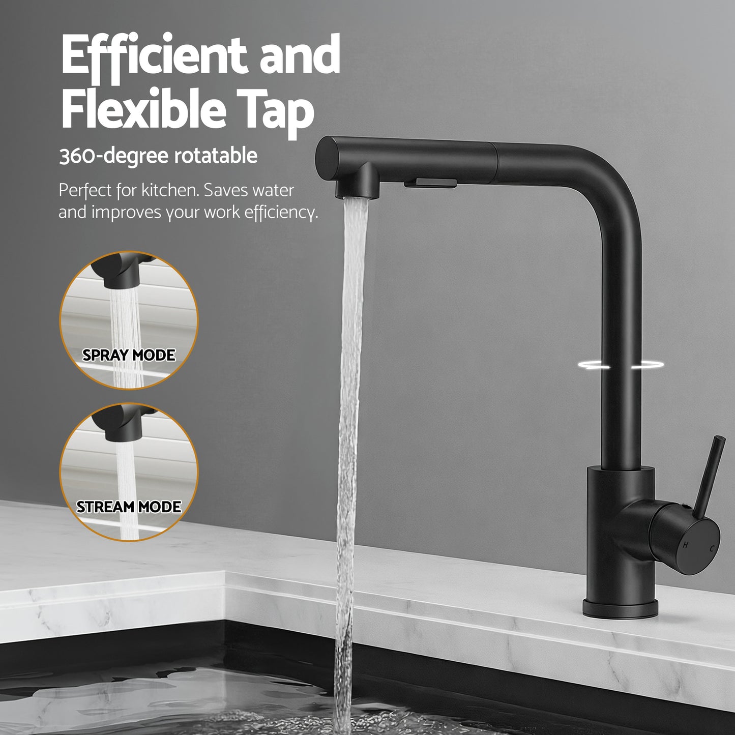 Cefito Stainless Steel Sink 60x45CM With Pull Out Mixer Tap Kitchen Basin Single Bowl Black - Image 5
