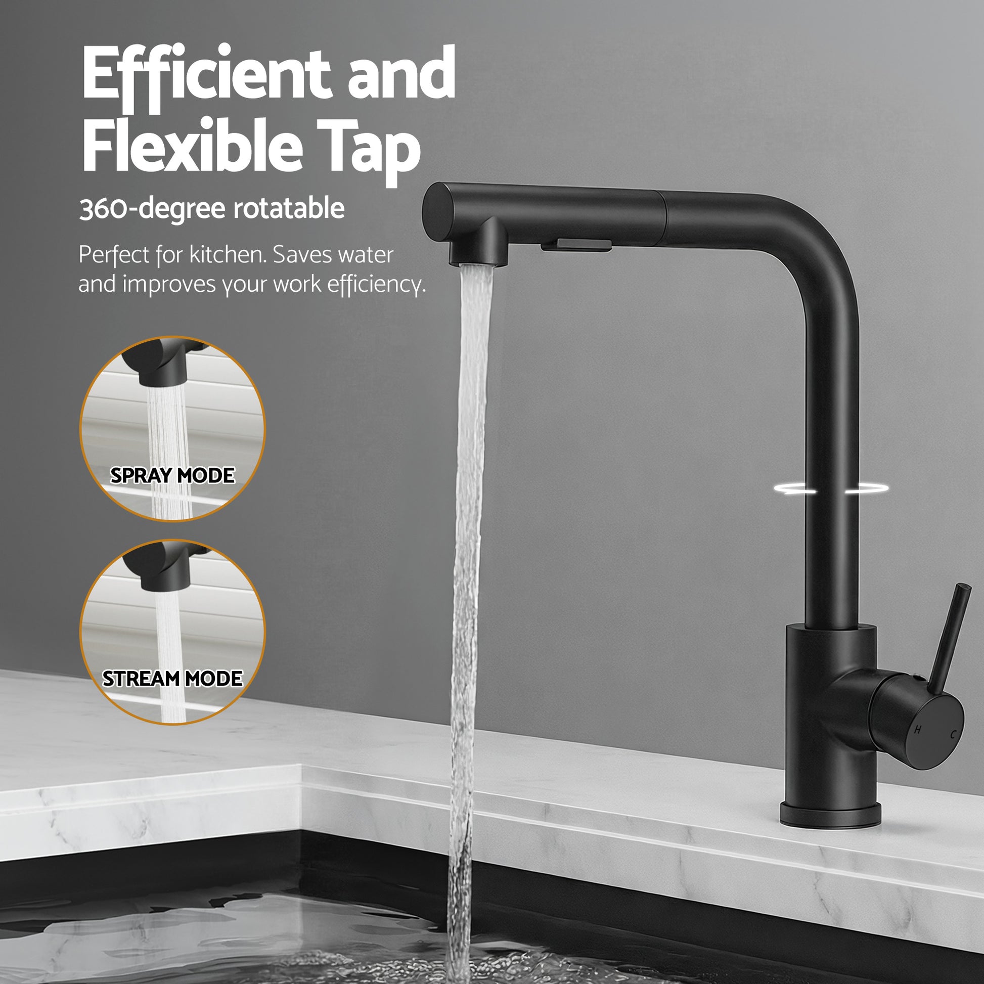 Cefito Stainless Steel Sink 60x45CM With Pull Out Mixer Tap Kitchen Basin Single Bowl Black - Image 5