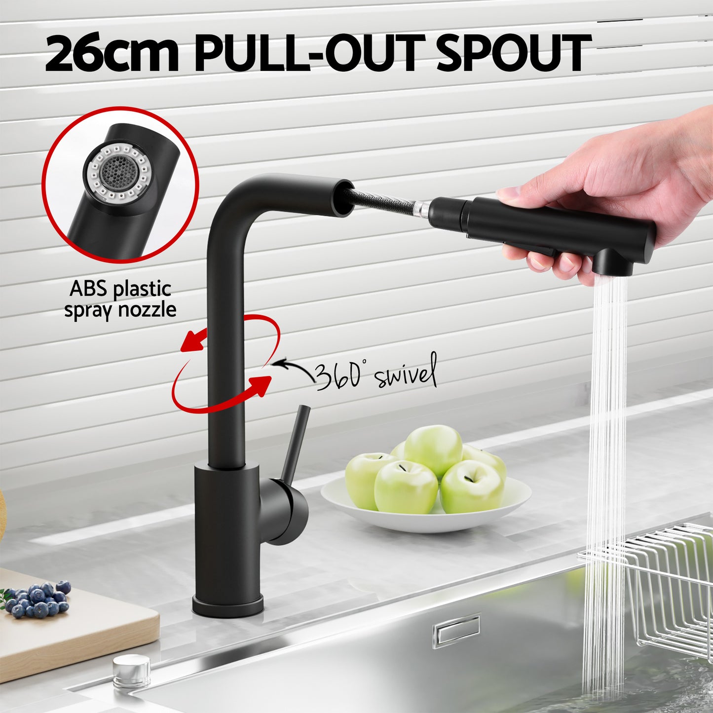 Cefito Stainless Steel Sink 60x45CM With Pull Out Mixer Tap Kitchen Basin Single Bowl Black - Image 6