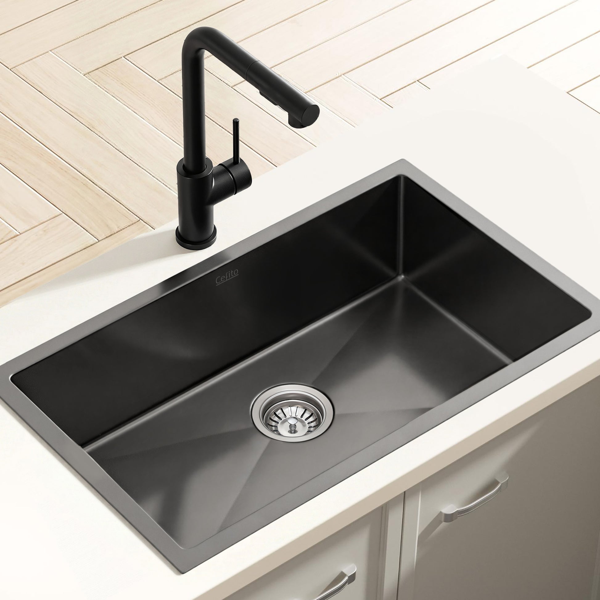 Cefito Stainless Steel Sink 60x45CM With Pull Out Mixer Tap Kitchen Basin Single Bowl Black - Image 7