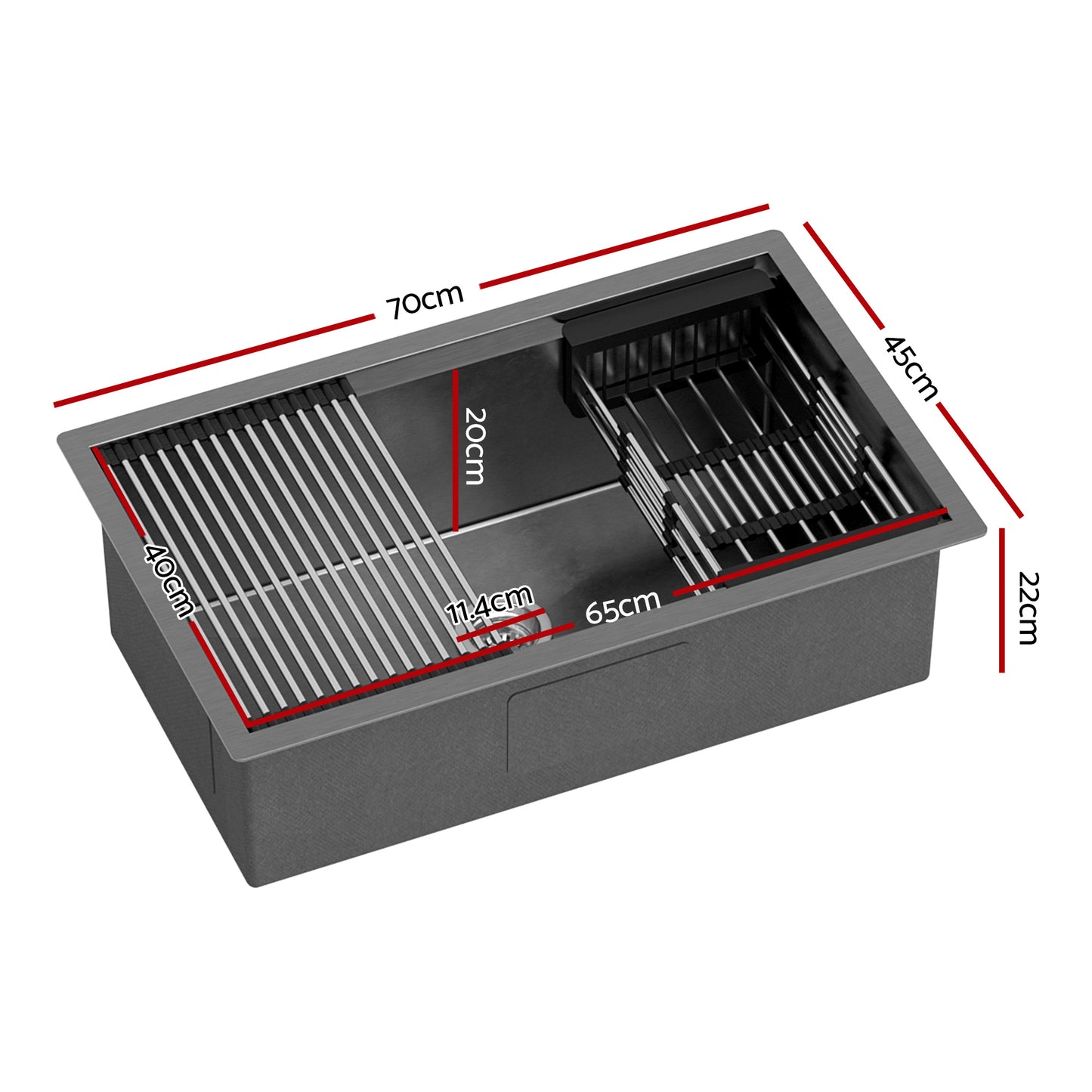 Cefito Stainless Steel Sink 70x45CM With Pull Out Mixer Tap Kitchen Basin Single Bowl Black - Image 2