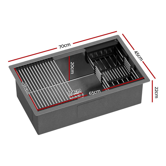 Cefito Stainless Steel Sink 70x45CM With Pull Out Mixer Tap Kitchen Basin Single Bowl Black - Image 2