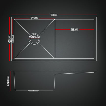 Cefito Stainless Steel Sink 75x45CM With Pull Out Mixer Tap Kitchen Basin Single Bowl Black - Image 2