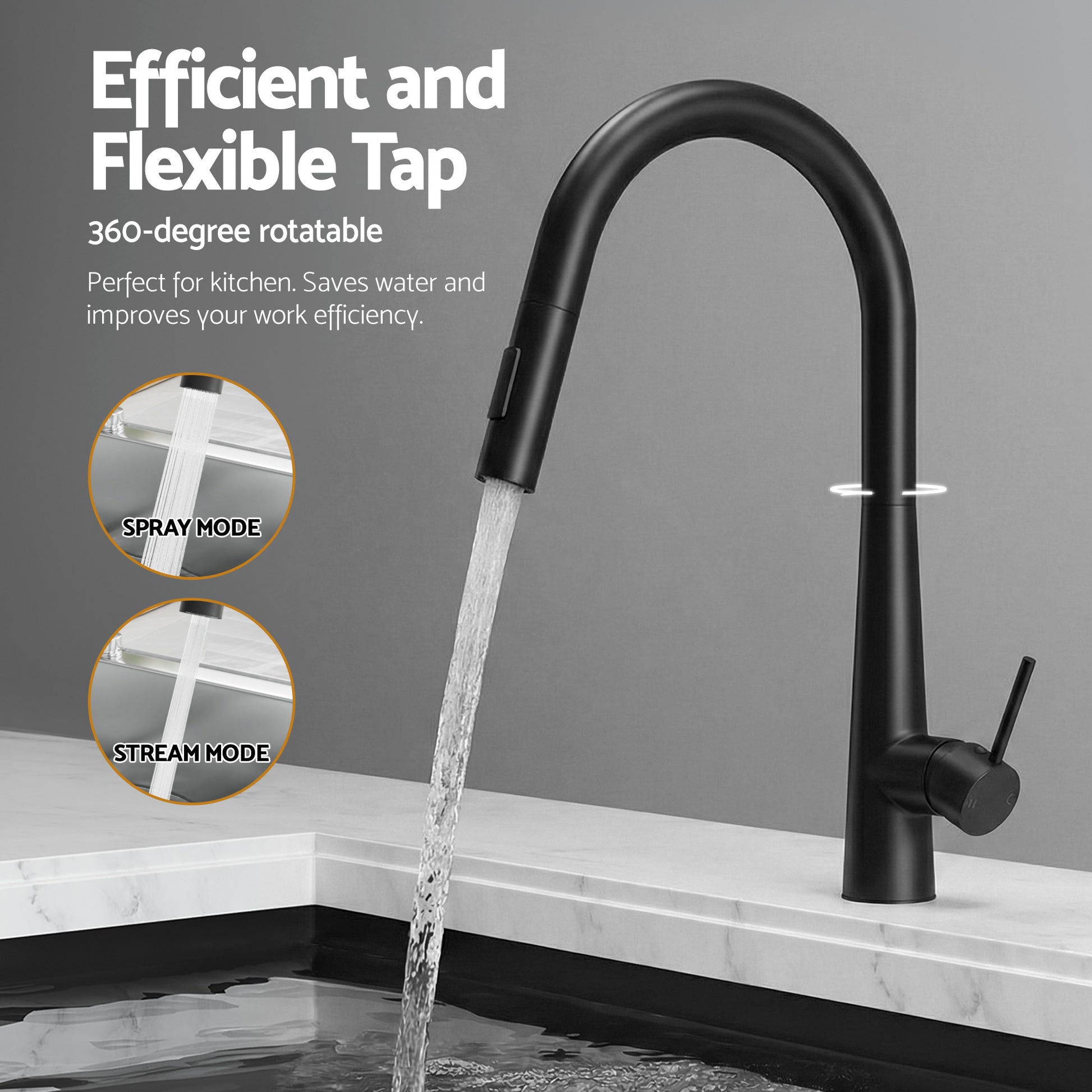 Cefito Stainless Steel Sink 75x45CM With Pull Out Mixer Tap Kitchen Basin Single Bowl Black - Image 5