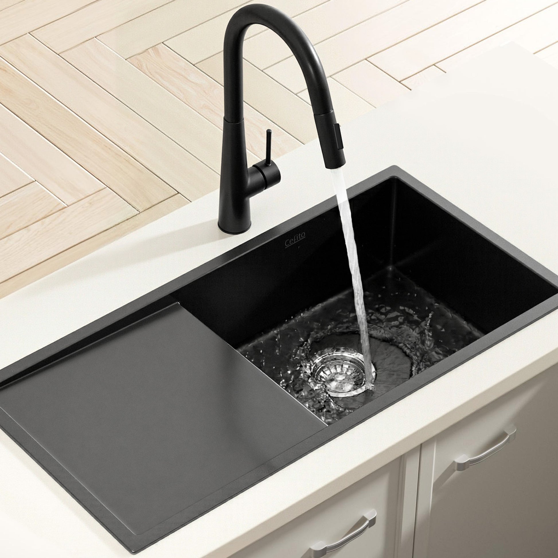 Cefito Stainless Steel Sink 75x45CM With Pull Out Mixer Tap Kitchen Basin Single Bowl Black - Image 7