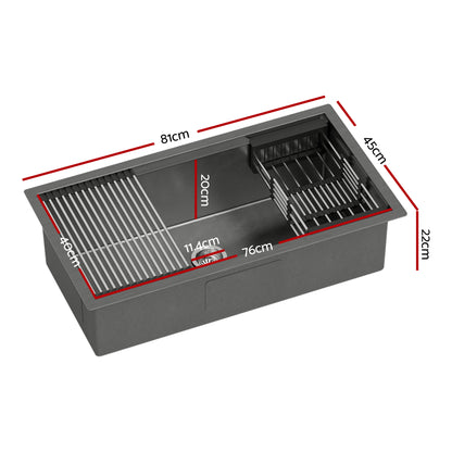 Cefito Stainless Steel Sink 81x45CM With Pull Out Mixer Tap Kitchen Basin Single Bowl Black - Image 2