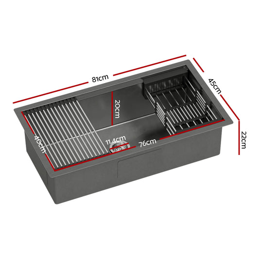 Cefito Stainless Steel Sink 81x45CM With Pull Out Mixer Tap Kitchen Basin Single Bowl Black - Image 2