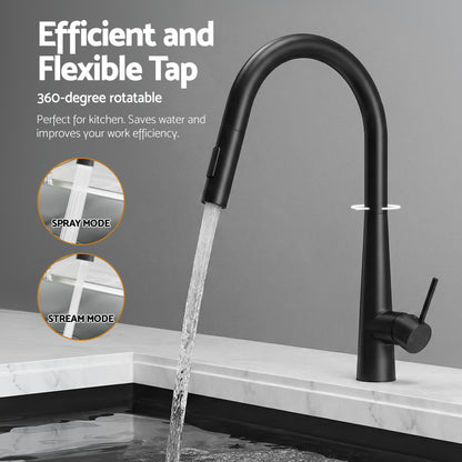 Cefito Stainless Steel Sink 81x45CM With Pull Out Mixer Tap Kitchen Basin Single Bowl Black - Image 5