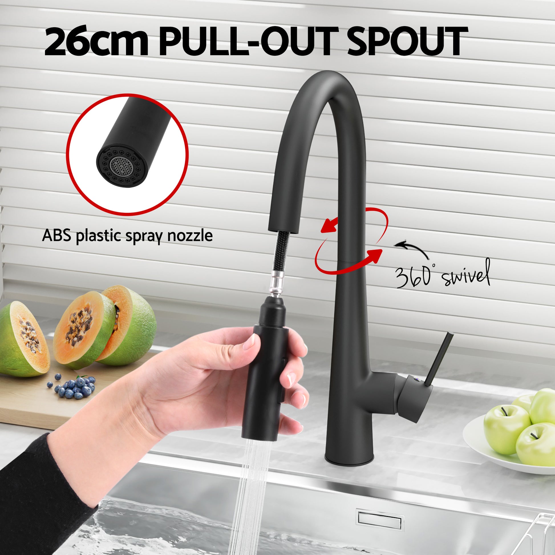 Cefito Stainless Steel Sink 81x45CM With Pull Out Mixer Tap Kitchen Basin Single Bowl Black - Image 6