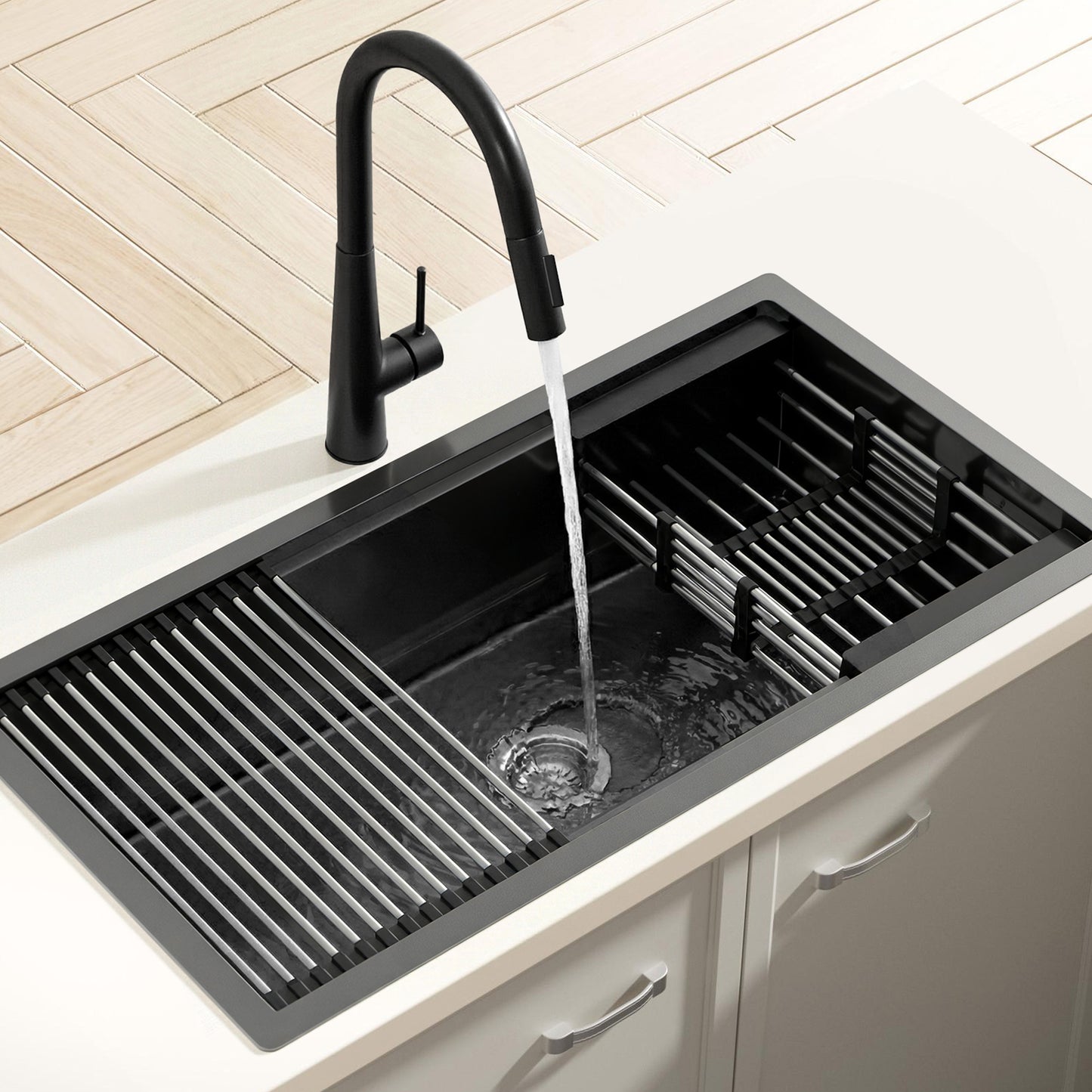 Cefito Stainless Steel Sink 81x45CM With Pull Out Mixer Tap Kitchen Basin Single Bowl Black - Image 7