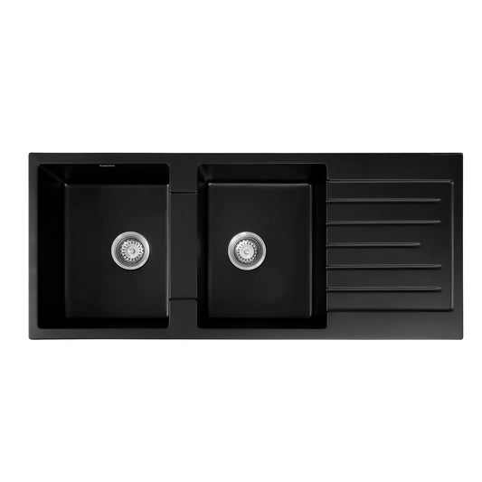 Cefito Kitchen Sink 116x50cm Granite Stone Sink Double Bowl Black - Image 3
