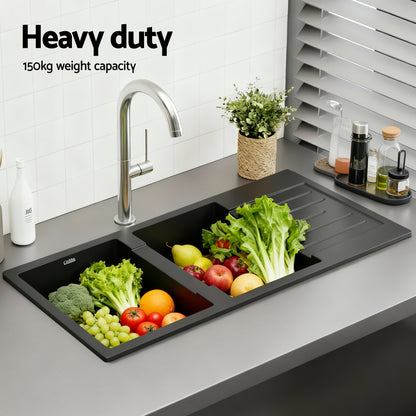Cefito Kitchen Sink 116x50cm Granite Stone Sink Double Bowl Black - Image 5