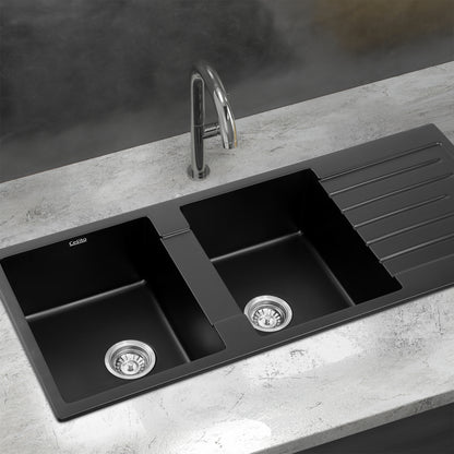 Cefito Kitchen Sink 116x50cm Granite Stone Sink Double Bowl Black - Image 7