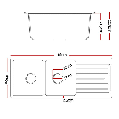 Cefito Kitchen Sink 116x50cm Granite Stone Sink Double Bowl White - Image 2