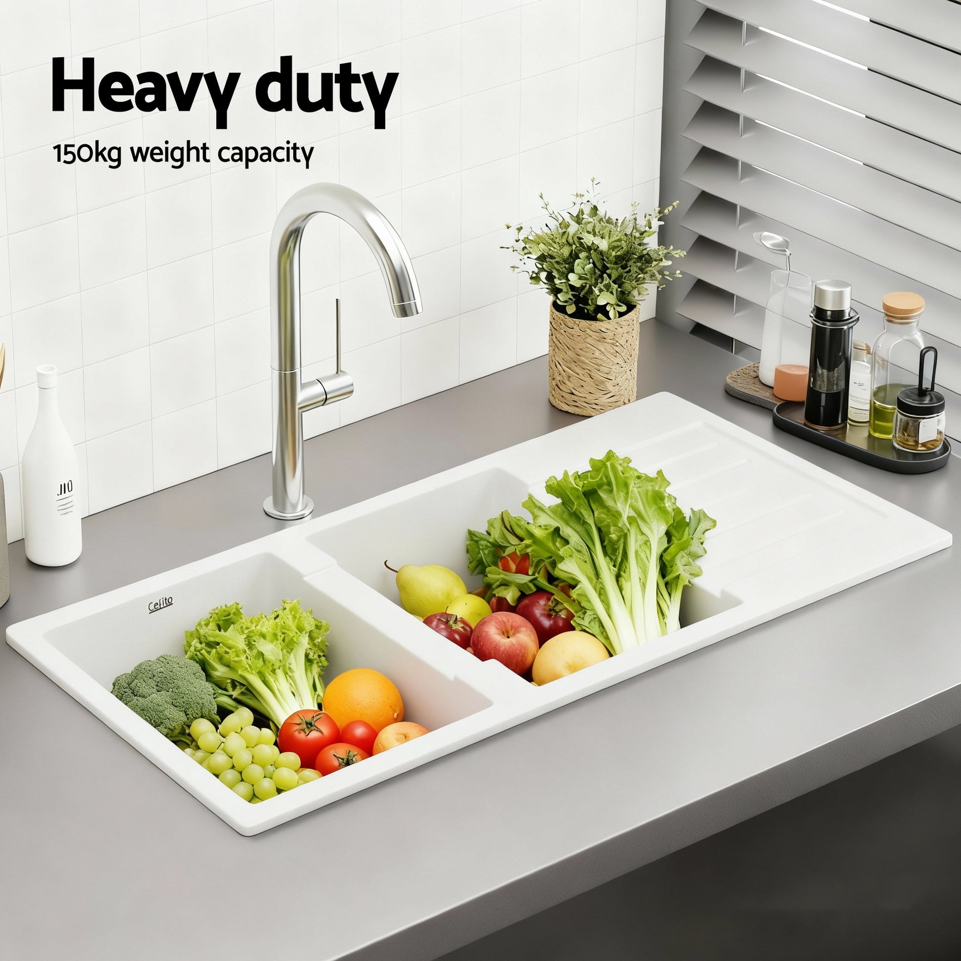 Cefito Kitchen Sink 116x50cm Granite Stone Sink Double Bowl White - Image 5