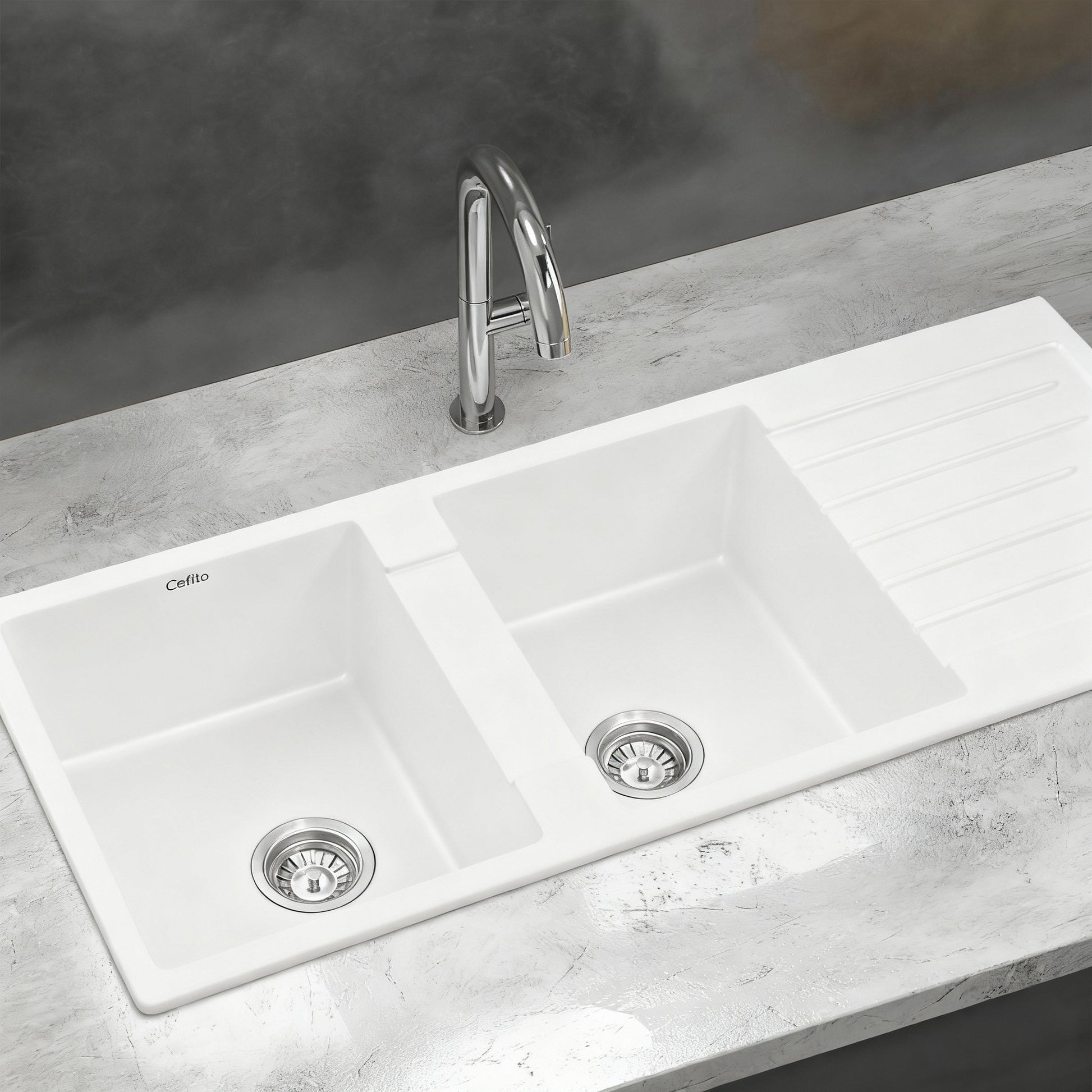 Cefito Kitchen Sink 116x50cm Granite Stone Sink Double Bowl White - Image 7