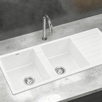 Cefito Kitchen Sink 116x50cm Granite Stone Sink Double Bowl White - Image 7