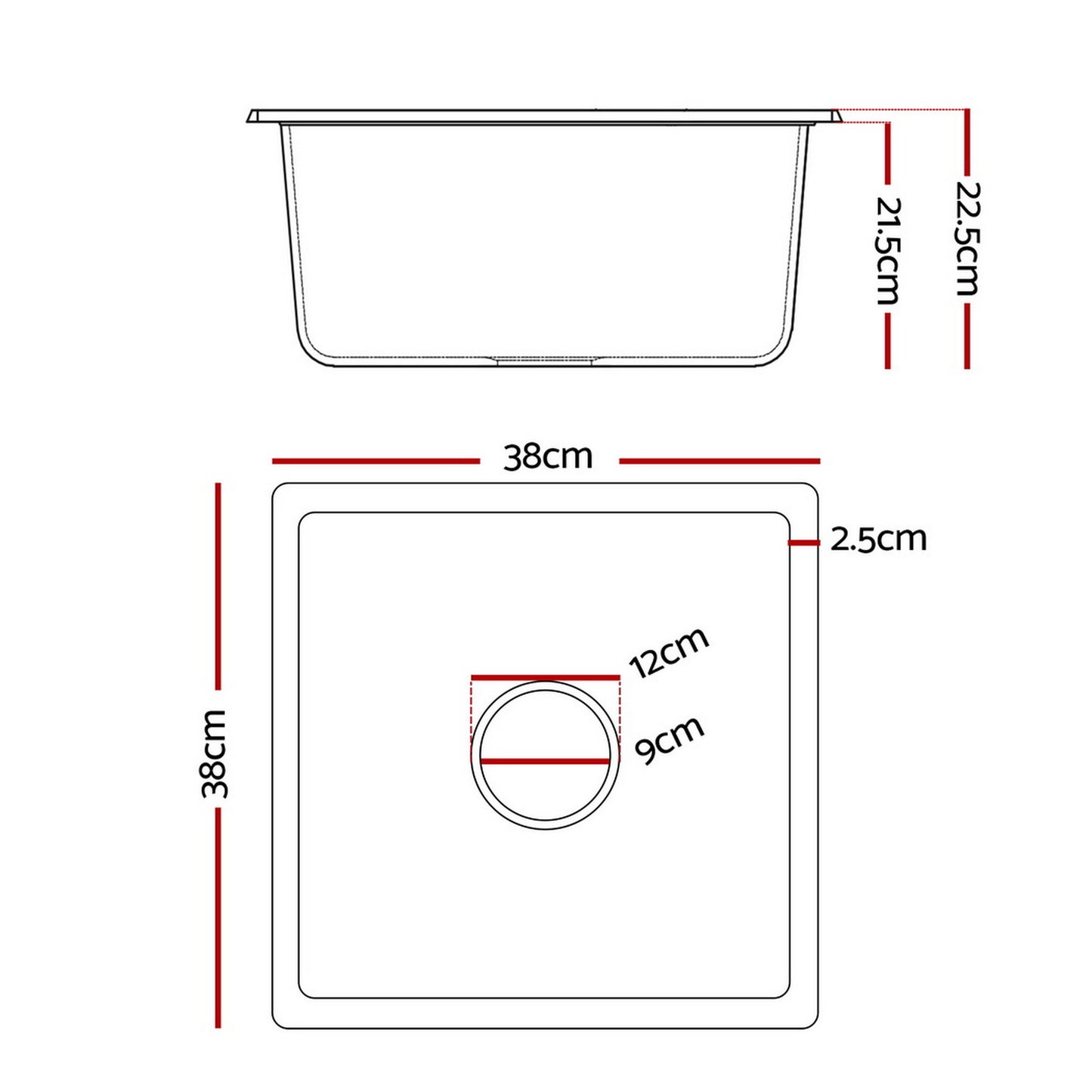 Cefito Kitchen Sink 38x38cm Granite Stone Sink Single Bowl Black - Image 2