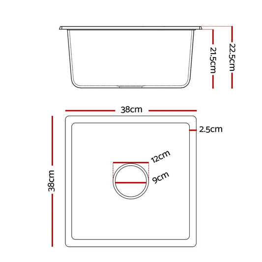 Cefito Kitchen Sink 38x38cm Granite Stone Sink Single Bowl Black - Image 2