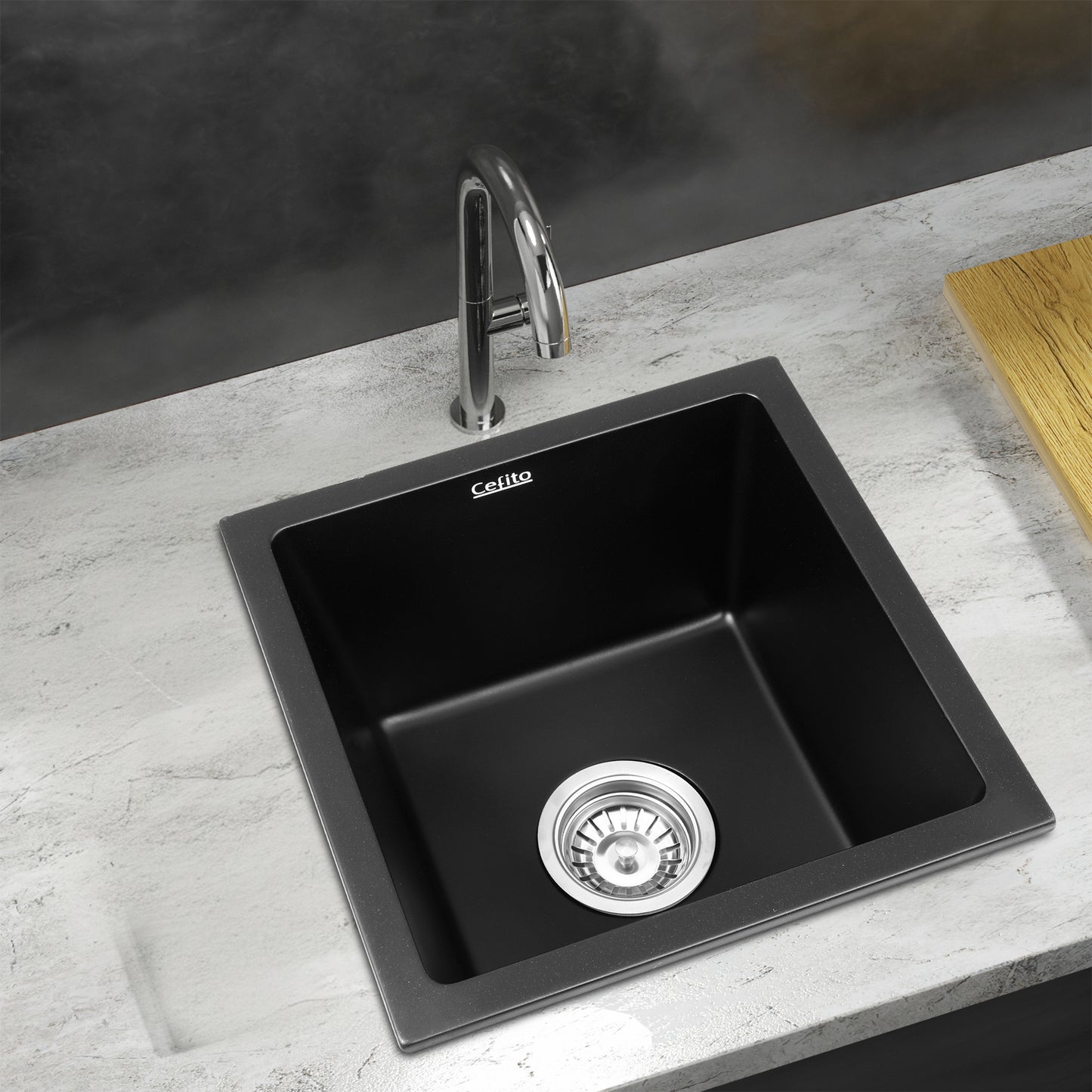 Cefito Kitchen Sink 38x38cm Granite Stone Sink Single Bowl Black - Image 7