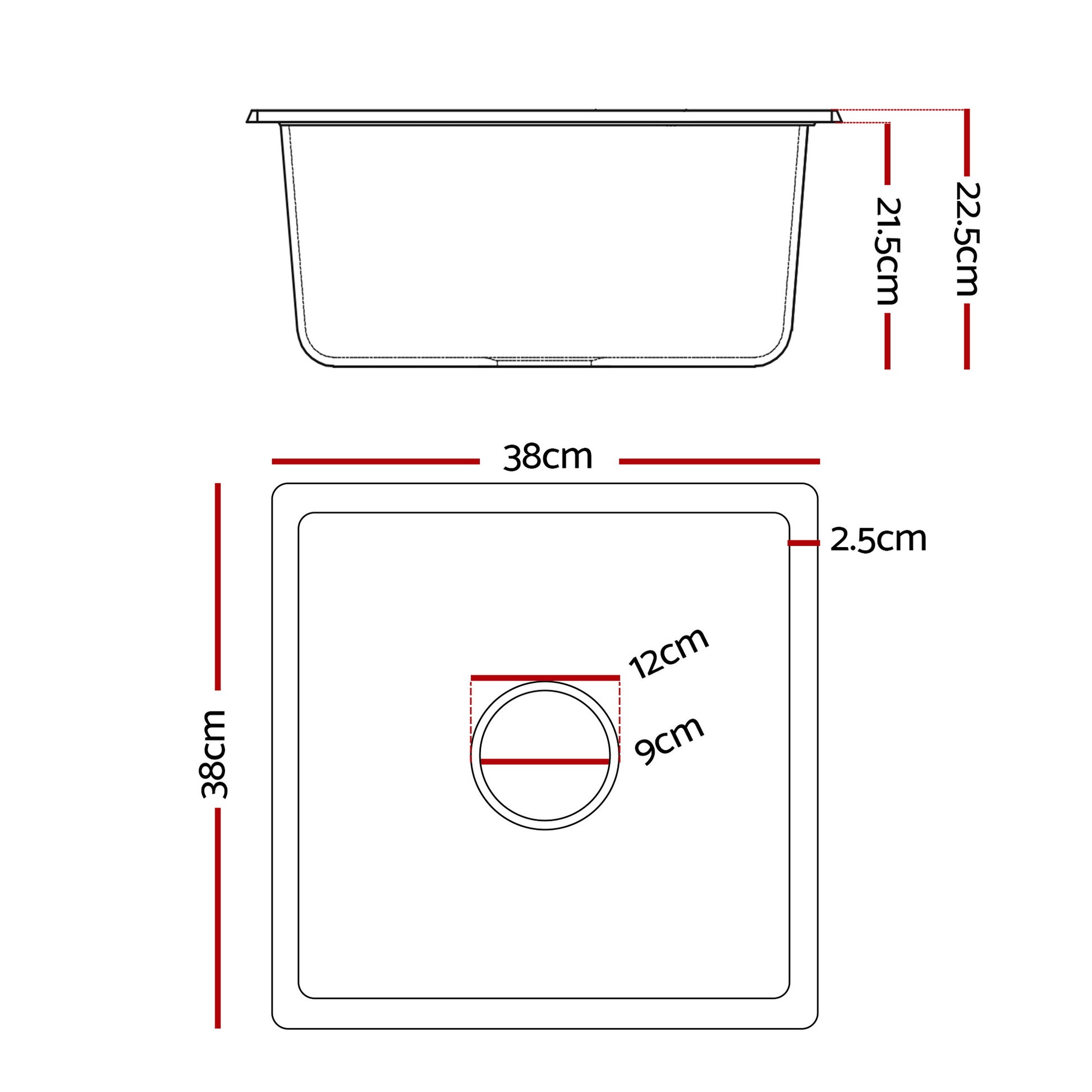 Cefito Kitchen Sink 38x38cm Granite Stone Sink Single Bowl White - Image 2