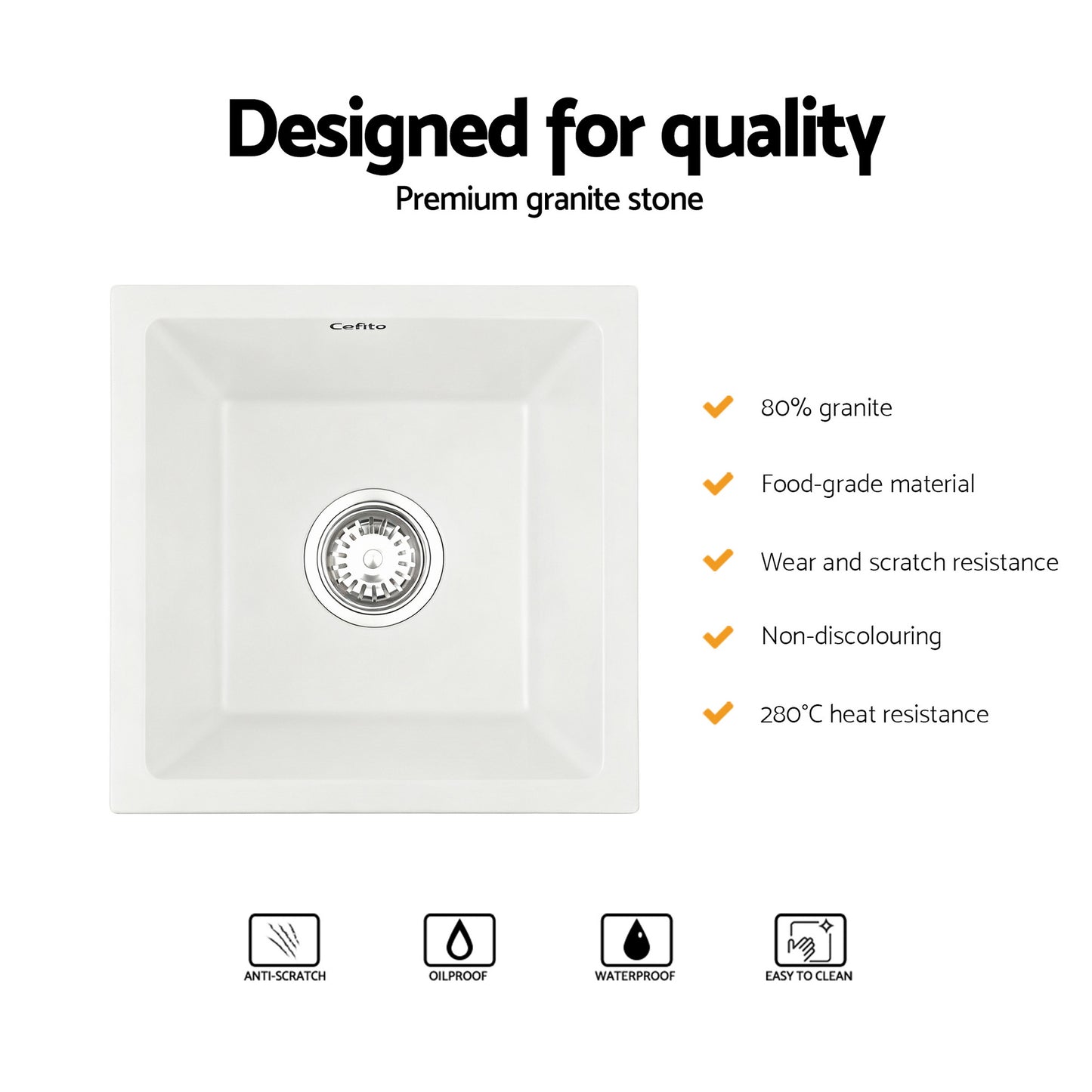 Cefito Kitchen Sink 38x38cm Granite Stone Sink Single Bowl White - Image 4