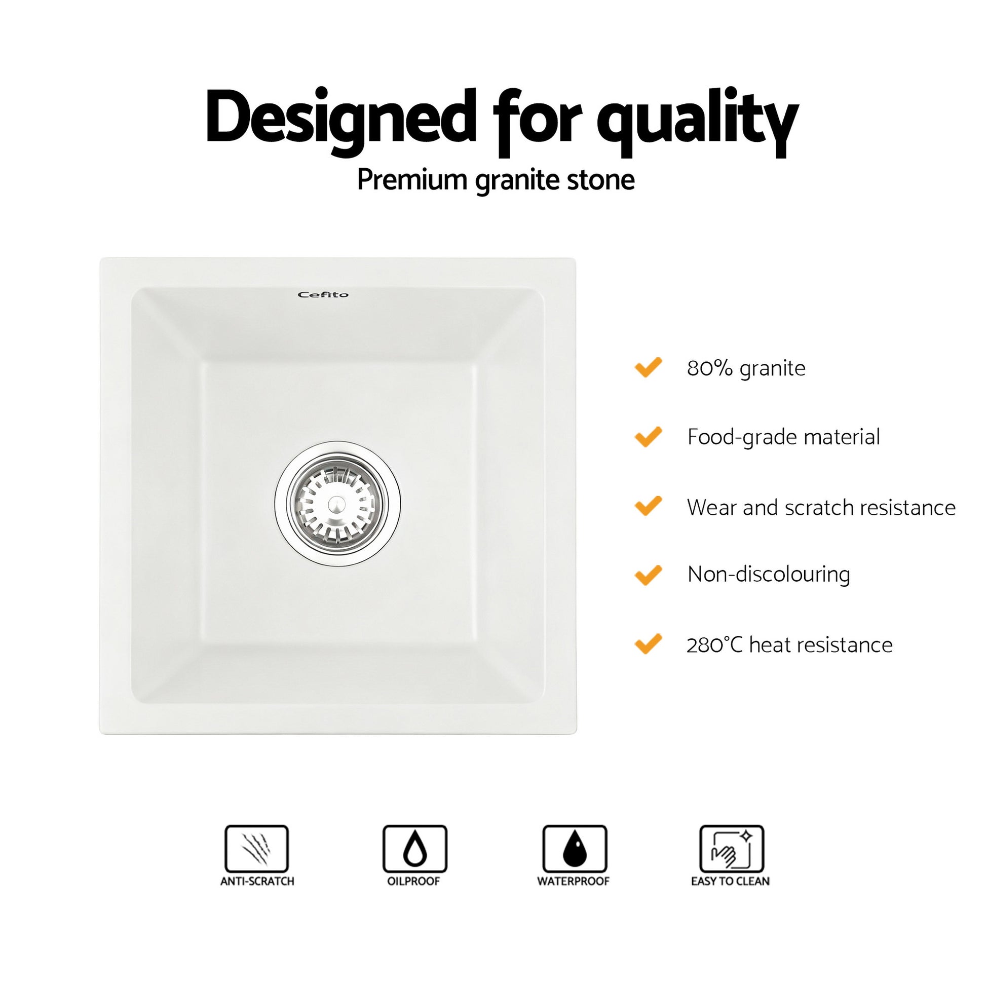 Cefito Kitchen Sink 38x38cm Granite Stone Sink Single Bowl White - Image 4